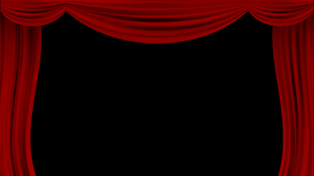 Vector realistic drapery of bright red fabric. Decorative folds of silk isolated on transparent background. Open theater curtain.のイラスト素材