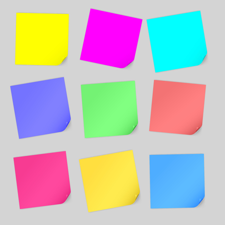 Coloured paper labels with a curved edge on a gray background.のイラスト素材