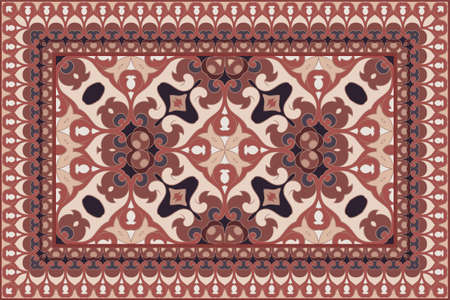 Vintage Arabic pattern. Persian colored carpet. Rich ornament for fabric design, handmade, interior decoration, textiles. Red background.のイラスト素材