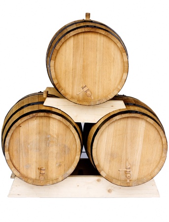 Three new barrels for wine isolated on white backgroundの写真素材
