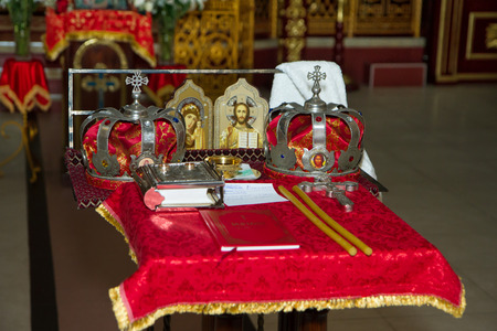 Two crowns the weddings intended for ceremony in orthodox church.のeditorial素材