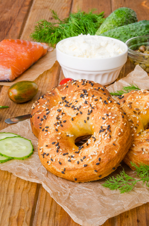 Homemade bagels with ingredients for making sandwichの写真素材