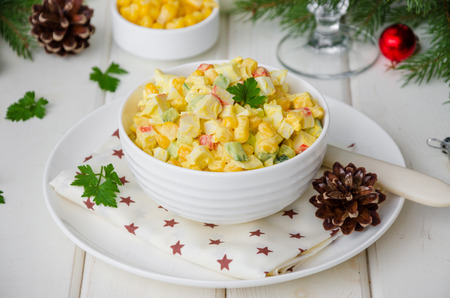 Traditional Russian salad with crab sticksの写真素材