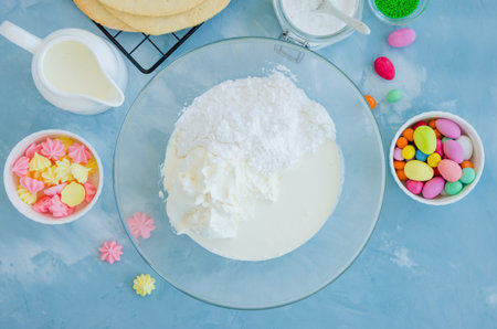 Recipe step by step. Step 5. Preparation of cream for Easter cake egg shaped. Bowl with cream...