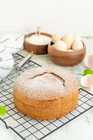 Homemade classic vanilla sponge cake or biscuit sprinkled with powdered sugar on a grill on a light...
