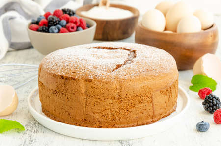 Homemade classic vanilla sponge cake or biscuit sprinkled with powdered sugar and fresh berries on a white plate on a light wooden backgroundの写真素材