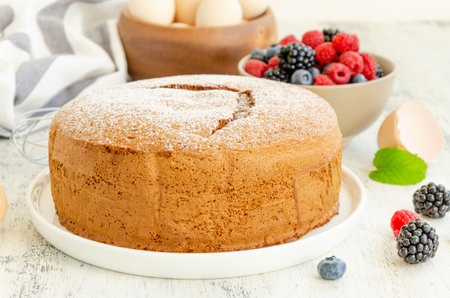Homemade classic vanilla sponge cake or biscuit sprinkled with powdered sugar and fresh berries on a...