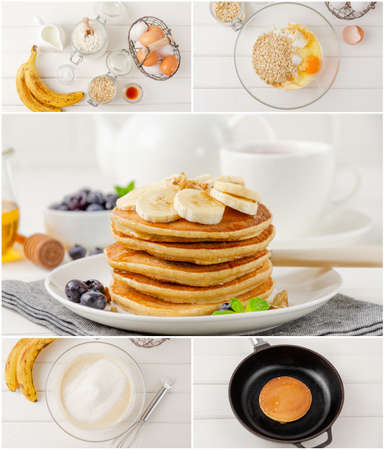 Collage of cooking oat pancakes with bananas on a white wooden background. Recipe step by step. Healthy breakfastの写真素材