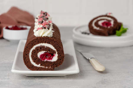 Black forest chocolate cake roll with whipped cream and cherry filling on a gray background. Copy spaceの写真素材