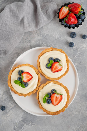 Delicious mini tarts with fresh berries and custard on a white plate on a gray concrete background. Copy space.の写真素材