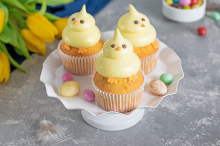Cute Easter chick cupcakes. Vanilla cupcakes with buttercream on a white stand with fresh flowers on...