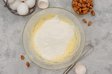 Recipe step by step. The process of making Italian cantucini cookies. Whipped eggs with sugar,...