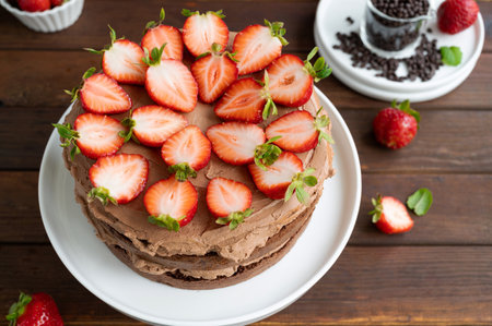 Naked chocolate cake with cream and fresh strawberries on top. rustic style. selective focus. copy spaceの写真素材