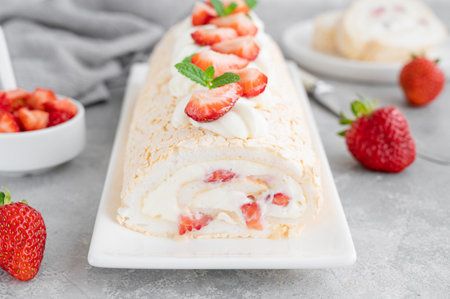 Meringue roll Pavlova cake with cream and fresh strawberries on top on a gray background. copyspace.の写真素材