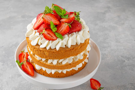 Strawberry cake, vanilla sponge cake with cream cheese and fresh strawberries. summer cake....
