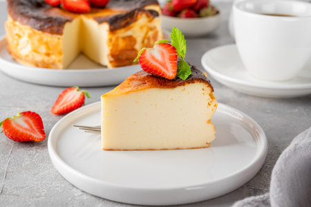 A piece of Basque burnt cheesecake or San Sebastian cheesecake with fresh strawberries on a white plate on a gray background. selective focus. copy spaceの写真素材