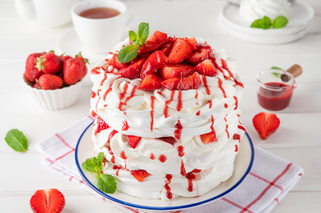 Pavlova layered cake with fresh strawberries, sauce and whipped cream on a white wooden background. Summer beautiful cake. selective focusの写真素材