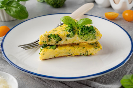 Omelette with broccoli, cheese and fresh basil on a plate on a gray concrete background. healthy breakfastの写真素材