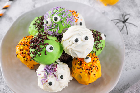 Homemade funny monster mini cakes or cake pops in a colored chocolate glaze and sugar sprinkles. Halloween treat on a concrete backgroundの写真素材