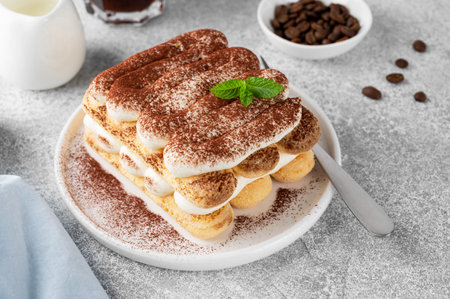 Tradition italian layered dessert tiramisu with mascarpone cream and biscuits on a white plate with cup of coffee on a gray concrete backgroundの写真素材