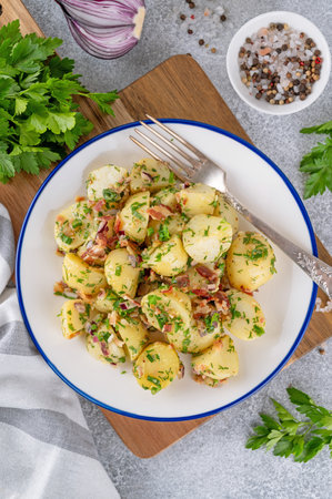 Warm potato salad with bacon, onion, fresh herbs and vinegar dressing in a bowl on a gray concrete background. German Kartoffelsalatの写真素材