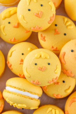 Cute Easter chick macarons. French macarons with vanilla cream and lemon curd on a concrete background. Funny food idea. Copy spaceの写真素材