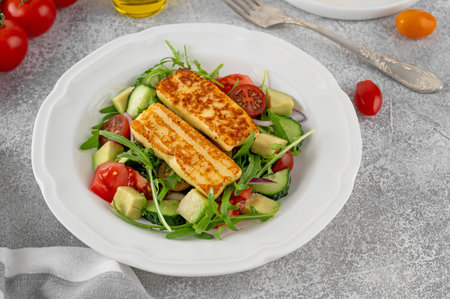 Salad with grilled halloumi cheese, tomatoes, avocado, cucumber and olive oil on a concrete background. Healthy food. Top view.の写真素材