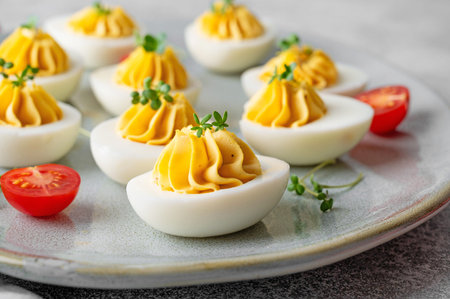 Deviled eggs with cheese, mustard and microgreens on top on a plate for Easter