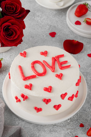 Vanilla strawberry cake with small red hearts for Valentine's day on a white plate on a gray...