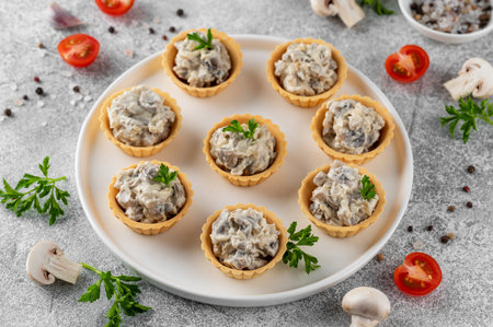 Mini tartlets with mushrooms in a cream sauce, with cheese, garlic and herbs on a white plate on a gray concrete backgroundの写真素材