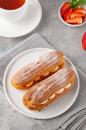 Eclairs with cream and fresh strawberries sprinkled with powdered sugar on top on a gray concrete...
