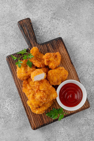 Crispy chicken nuggets with ketchup on a wooden board on a gray concrete background. Top view, copy spaceの写真素材