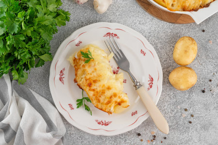 Potato gratin with cream, cheese and garlic on a plate on a gray concrete background. Potato casserole. Top view, copy spaceの写真素材