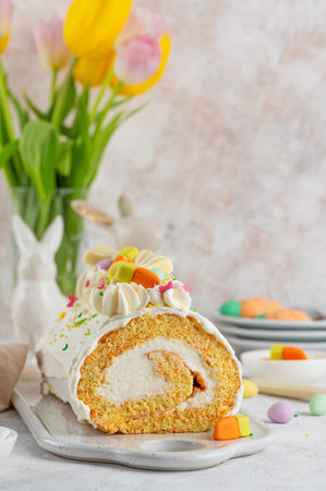 Easter carrot roll cake with cream cheese frosting, decorated chocolate eggs, jellied carrots and sugar sprinkles on top. Traditional carrot roll cake on a concrete background. Easter festive dessertの写真素材