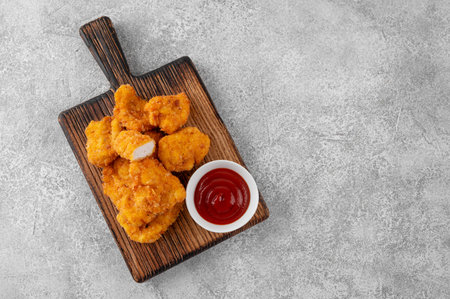 Crispy chicken nuggets with ketchup on a wooden board on a gray concrete background. Top view, copy spaceの写真素材