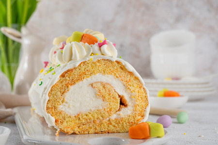 Easter carrot roll cake with cream cheese frosting, decorated chocolate eggs, jellied carrots and sugar sprinkles on top. Traditional carrot roll cake on a concrete background. Easter festive dessertの写真素材