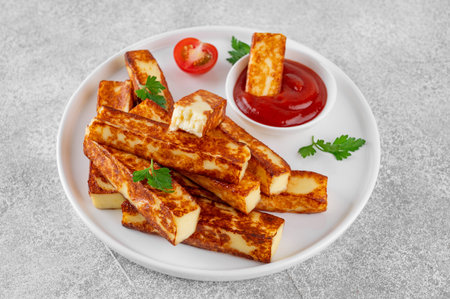 Fried halloumi cheese sticks with tomato sauce on a white plate on a concrete backgroundの写真素材