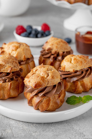 Profiteroles with chocolate cream, fresh berries and chocolate glazed on a plate on a gray concrete...
