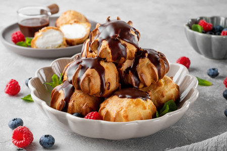 Profiteroles with vanilla cream, fresh berries and chocolate glazed in a bowl on a gray concrete background. A delicious French dessertの写真素材