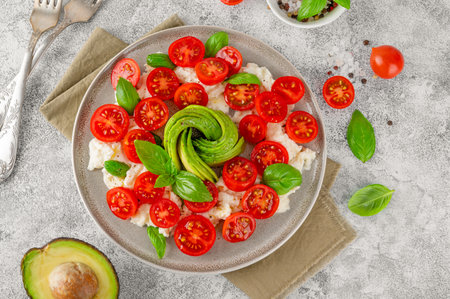 Caprese salad with cherry tomatoes, mozzarella, sliced avocado and fresh basil on a plate. Healthy vegetarian meal. Top viewの写真素材