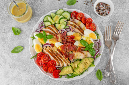Healthy cobb salad with roasted chicken breast, chopped avocado, tomatoes, bacon, cucumber, hard boiled egg and green leaves on a plate. Top viewの写真素材