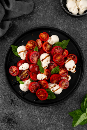 Halloween food. Caprese salad with mozzarella cheese skulls, basil and balsamic dressing on a black plate on a dark background. Funny food ideaの写真素材
