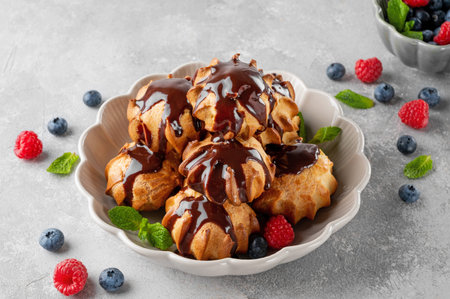 Profiteroles with vanilla cream, fresh berries and chocolate glazed in a bowl on a gray concrete...