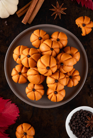 Halloween spicy mini cheesecakes with pumpkin puree in the form of small pumpkins. Halloween or Thanksgiving dessertの写真素材