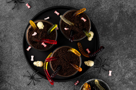 Halloween chocolate dirt cups with gummy worms on a dark concrete background. Dessert with chocolate mousse and cookie crumbs. Funny food ideaの写真素材
