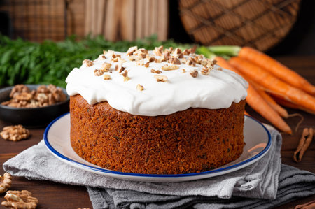 Carrot cake with cinnamon, walnuts and cream cheese frosting on a plate on a dark wooden background....