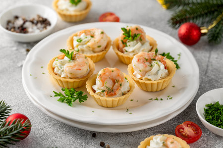 Christmas food. Tartlets with shrimp, cream cheese, garlic and parsley on a wooden board on gray concrete backgroundの写真素材