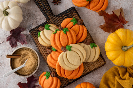 Themed dessert for Thanksgiving. Spiced cookies in the shape of white and orange pumpkins on a wooden board on a concrete background. Top view, copy spaceの写真素材