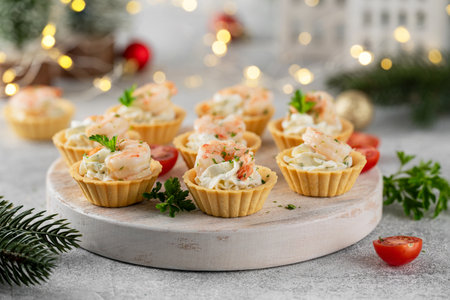 Christmas food. Tartlets with shrimp, cream cheese, garlic and parsley on a wooden board on gray concrete backgroundの写真素材