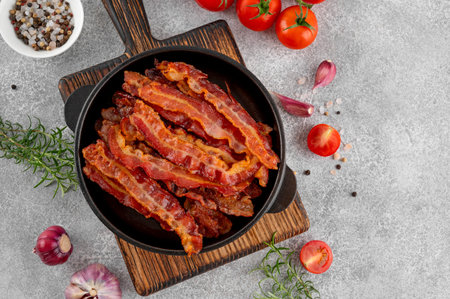 Fried slices of bacon for breakfast in a cast iron pan with tomatoes, garlic, rosemary and spices on...